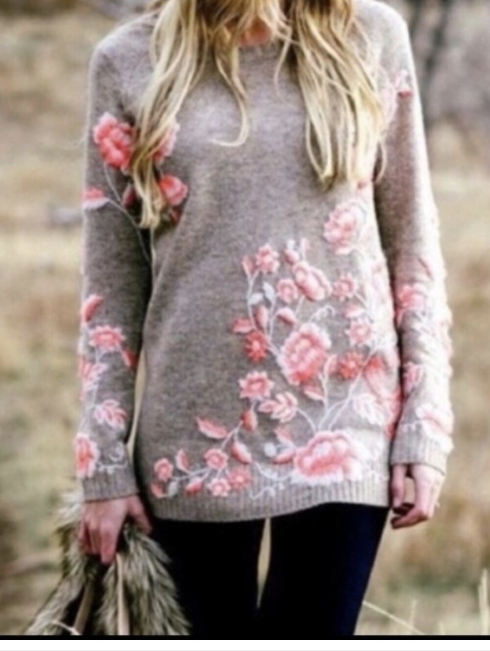 Floral Embroidered Taupe Sweater with Pink Blooms